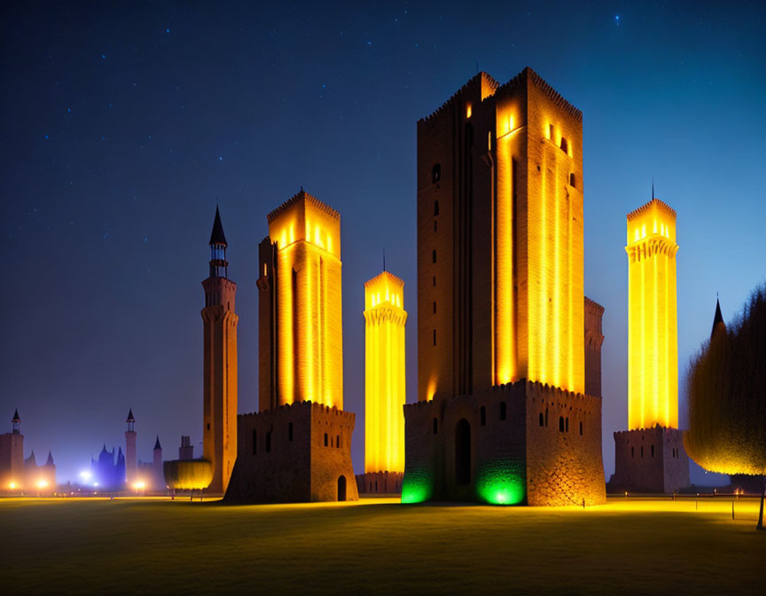 Illuminated castle with multiple towers against starry night sky