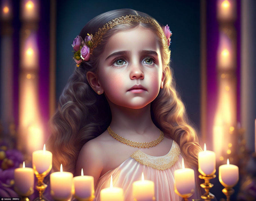 Pensive young girl with floral crown and candles in purple and gold setting