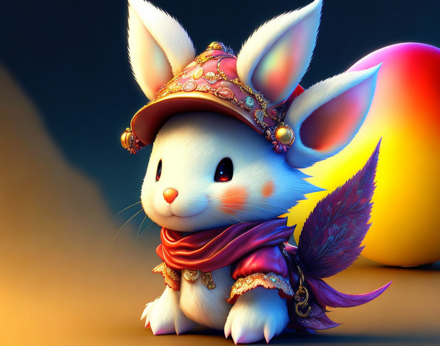 3D illustration of cute white rabbit in red hat and scarf