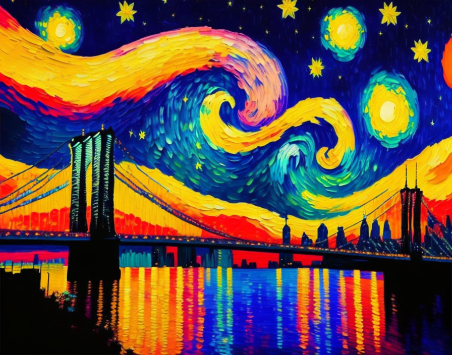 Impressionistic painting blending "Starry Night" with cityscape and bridge.