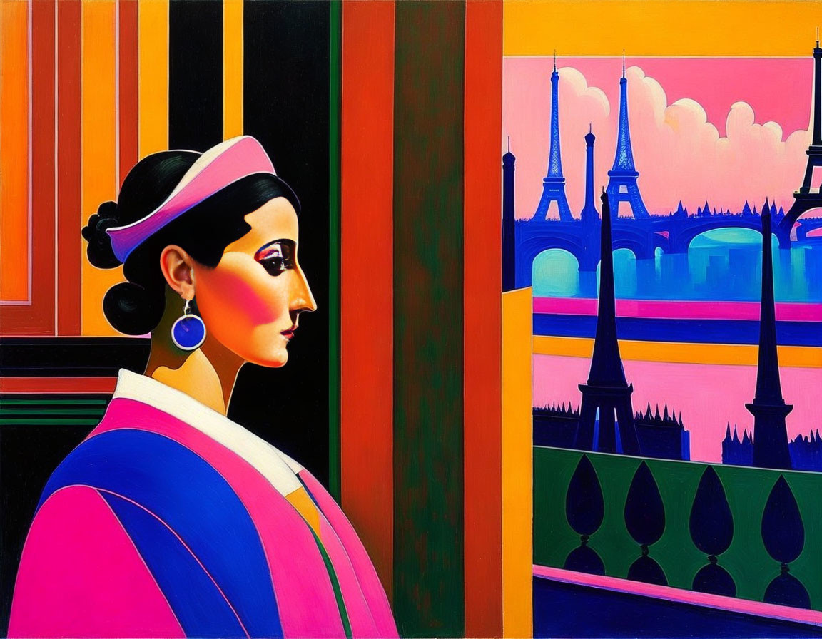 Colorful profile of a woman with Eiffel Tower silhouette in vibrant artwork