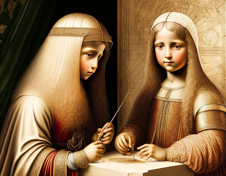 Two women in Renaissance attire drawing on parchment with ornate details.