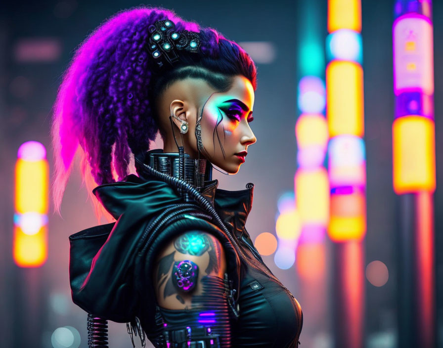 Purple-haired woman with cybernetic enhancements in futuristic cyberpunk cityscape