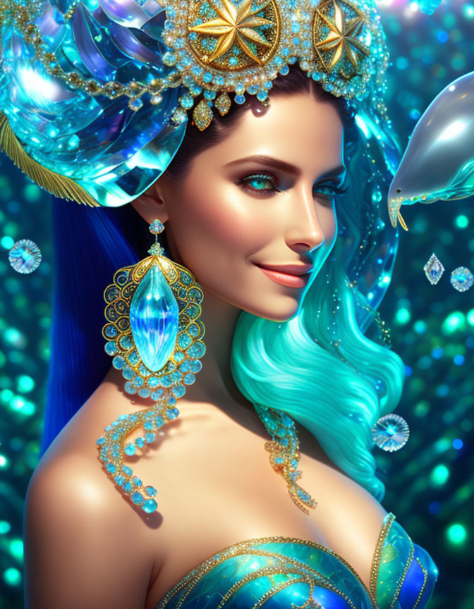 Fantastical woman with blue hair and aquatic-themed jewelry and crown among glowing fish and bubbles.