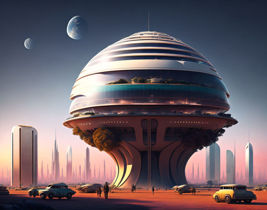 Futuristic mushroom-shaped building under pink sky with two moons, vintage cars, and skyscrapers