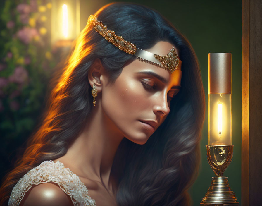 Elegant woman with decorative headpiece and wavy hair in candlelight