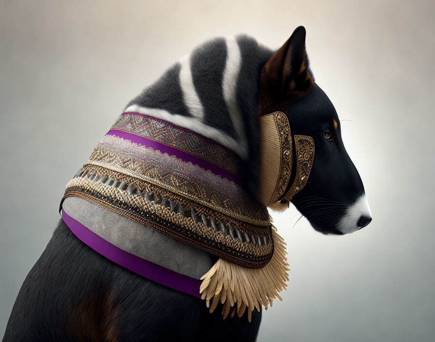 Digitally-manipulated image: Dog with draped fabric body and ornate mask on muted background