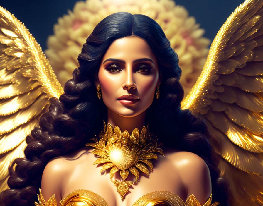 Golden-winged woman with necklace on dark background, curly hair.