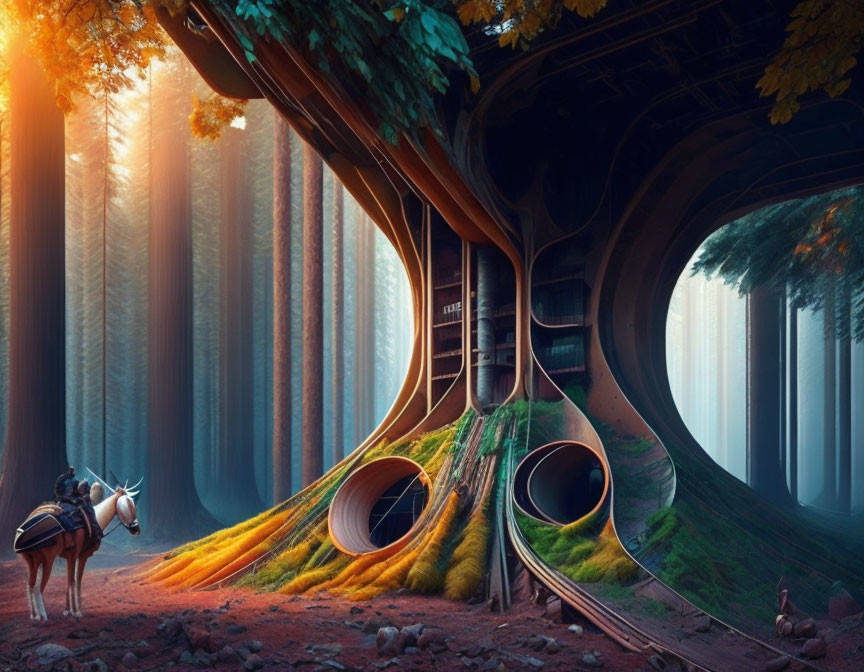 Knight on White Horse Surrounded by Futuristic Trees in Mystical Forest