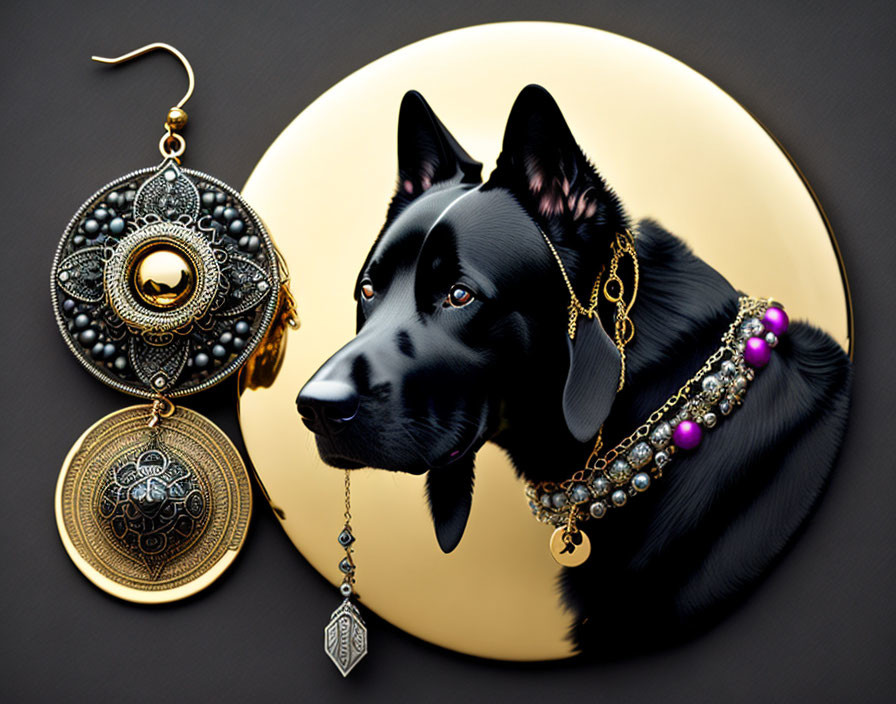 Black dog next to large gold disc with vintage earrings and bejeweled necklaces