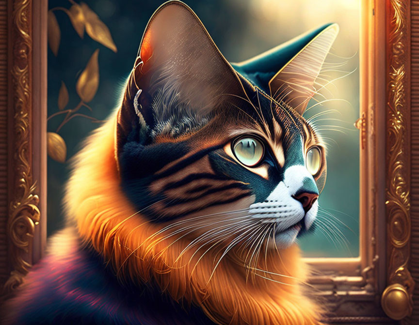 Digitally altered cat image with tiger stripes, expressive eyes, and party hat in ornate golden frame