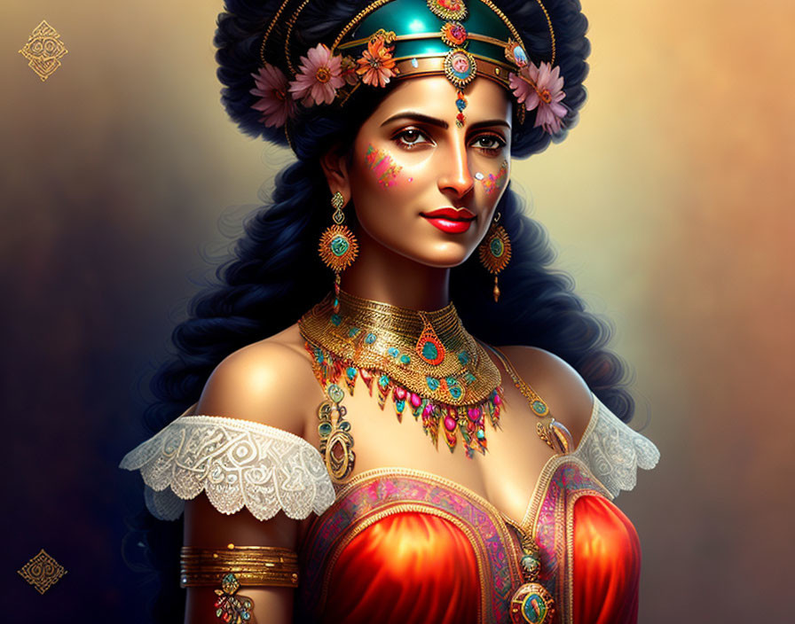 Detailed Illustration of Woman in Vibrant Traditional Attire with Gold Jewelry