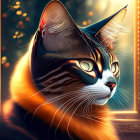 Digitally altered cat image with tiger stripes, expressive eyes, and party hat in ornate golden frame