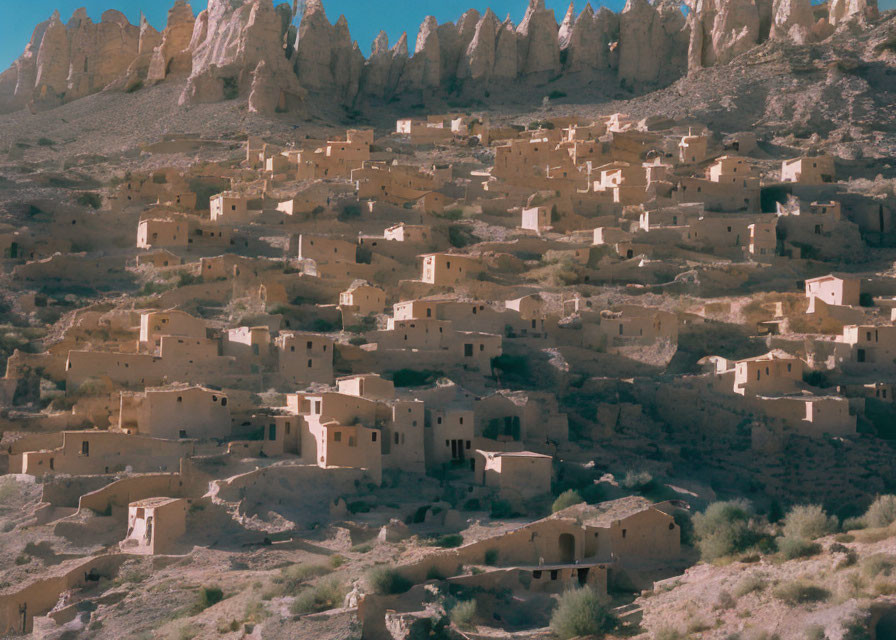 Deserted mud-brick village in rocky desert terrain