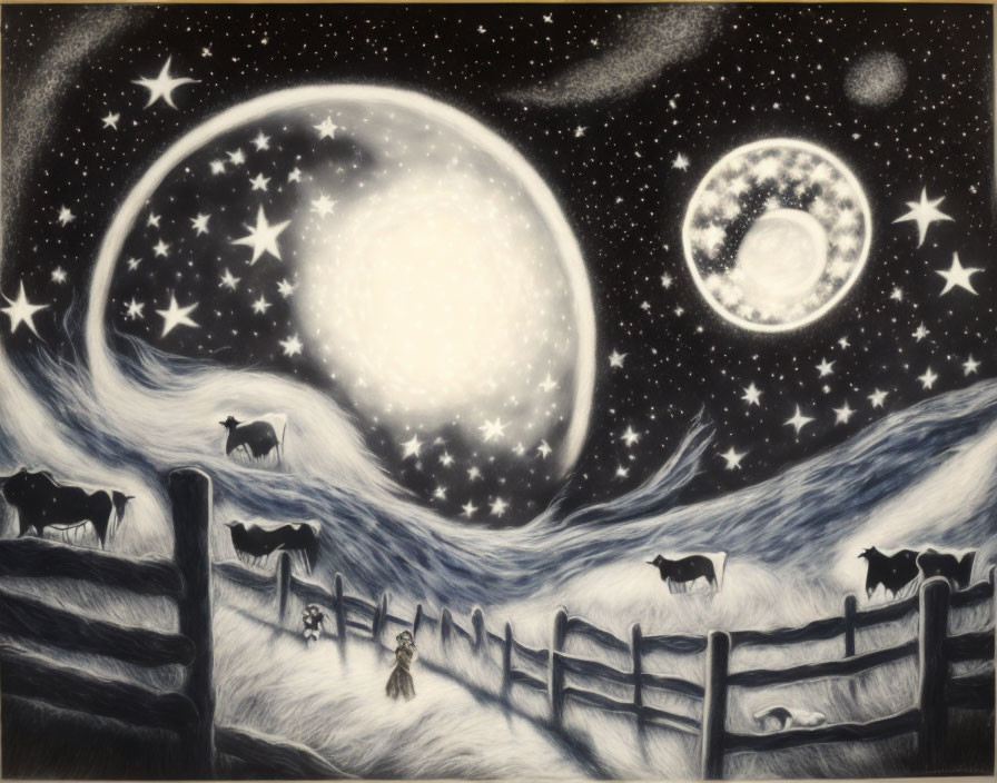 Monochromatic artwork featuring luminous moon, stars, cows, person, and fence