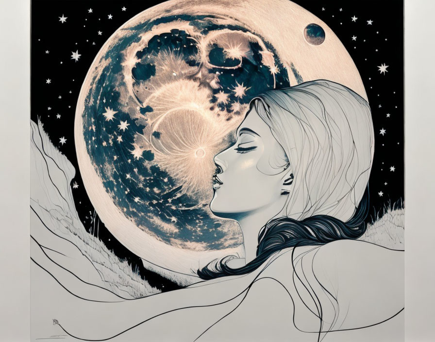 Stylized illustration of woman with eyes closed in celestial setting