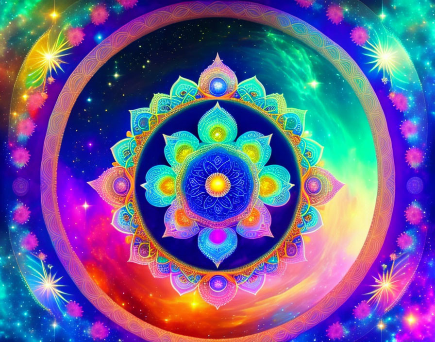 Colorful Psychedelic Mandala on Cosmic Background