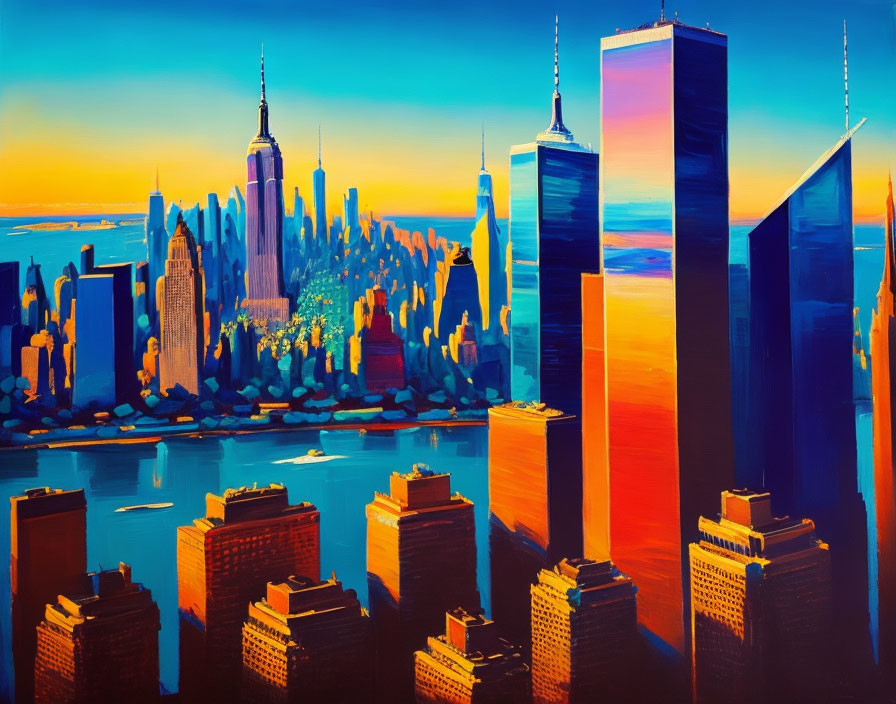 Vibrant city skyline artwork in blue, orange, and yellow tones