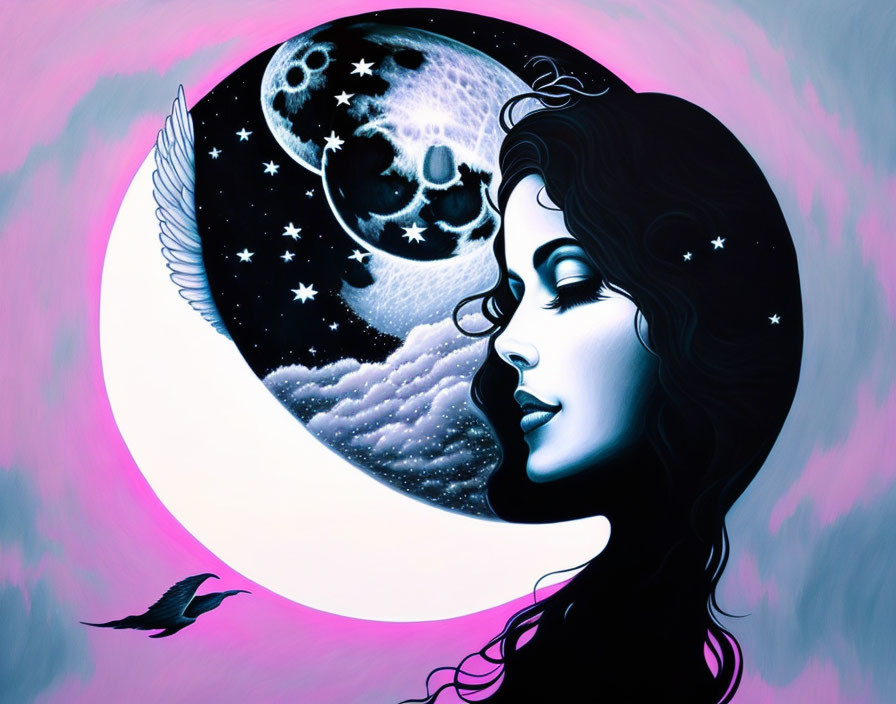 Surreal woman's profile with starry hair, crescent moon, bird, and cosmic planet