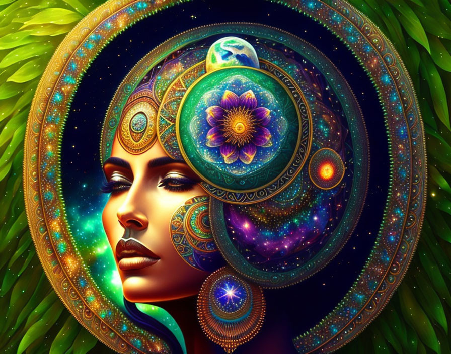 Colorful digital artwork of cosmic woman with mandalas and earth elements, set in lush green scenery