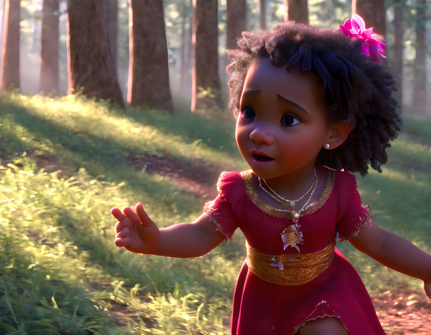 Surprised young animated girl in red dress in sunlit forest