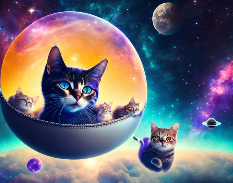 Colorful Cosmic Scene with Giant Cat in Transparent Sphere Amidst Nebula and Stars