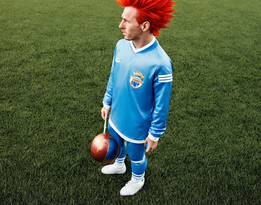 Person with Bright Red Mohawk Holding Soccer Ball in Blue Jersey