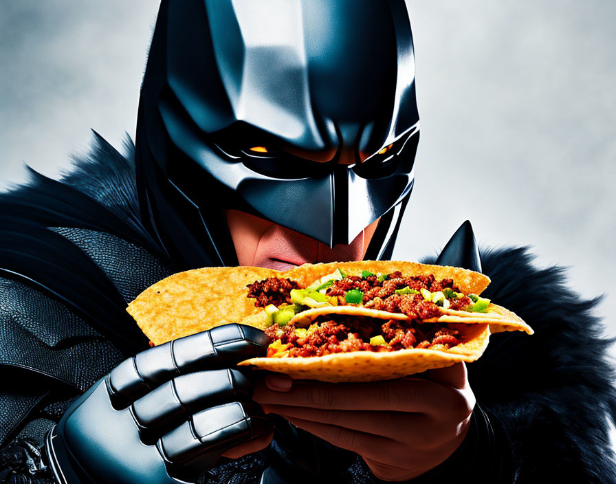 Person in Batman costume with a taco.