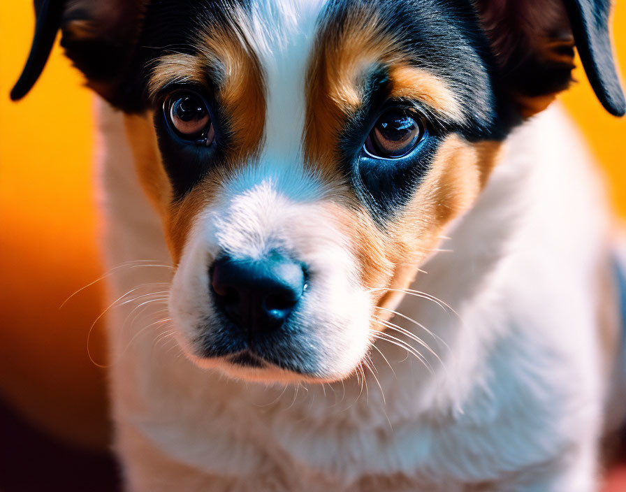 Tricolor Puppy with Brown Eyes and Black Nose on Orange Background