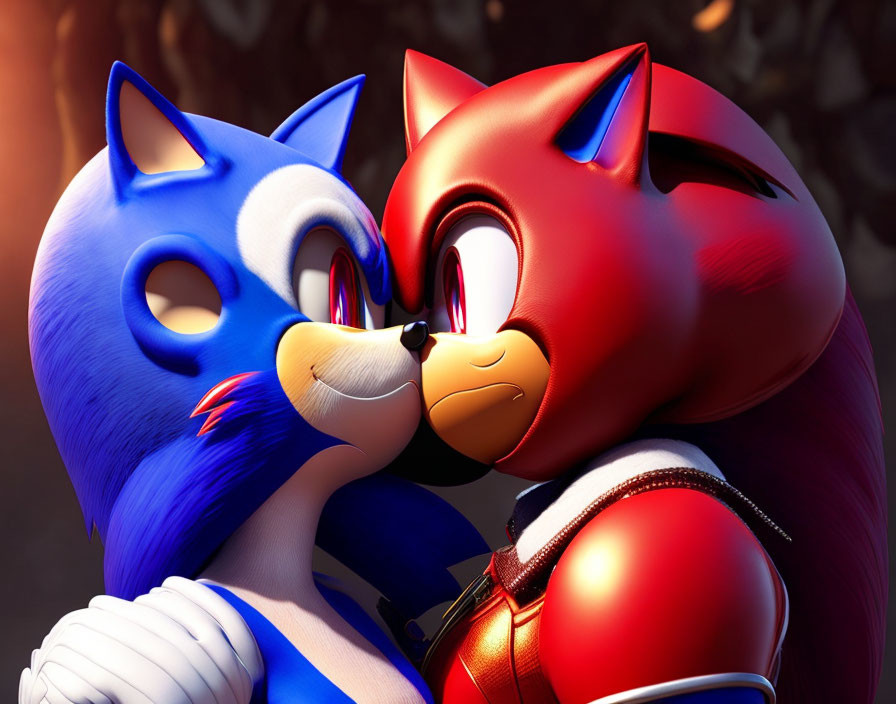 Blue and red animated characters in close proximity, one offering comfort.
