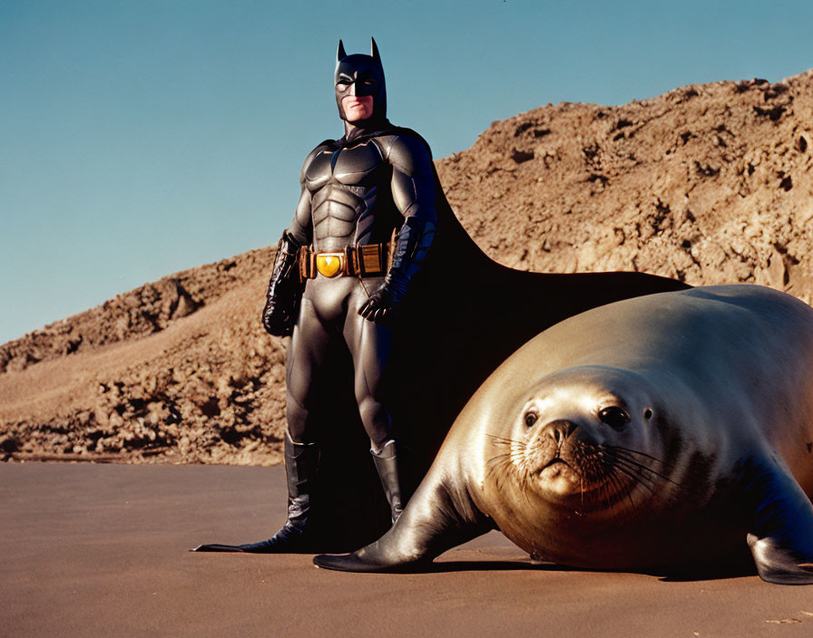 Person in Batman costume next to seal on sandy beach under blue sky