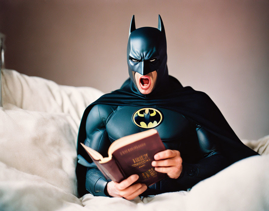 Person in Batman costume reading "Human Rights Law" book