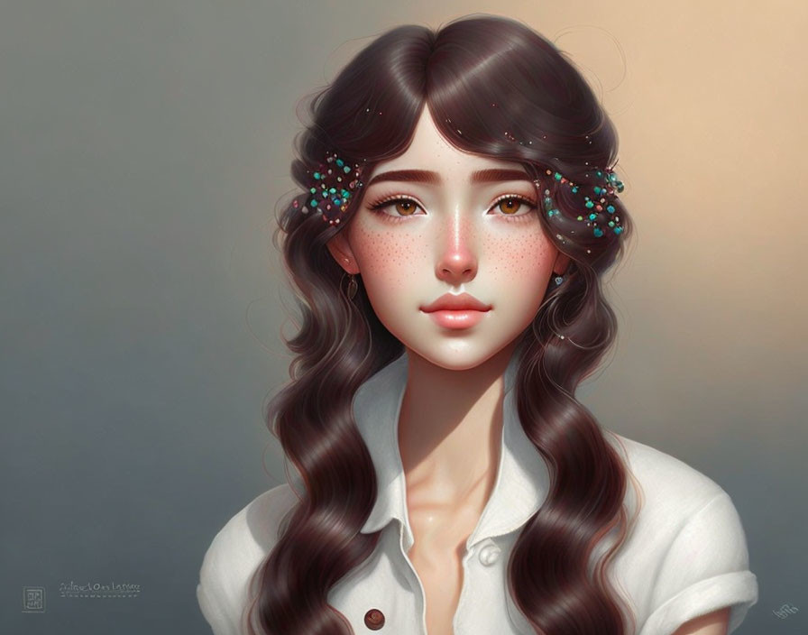 Digital illustration: Young woman with freckles, wavy hair, blue flowers, white shirt