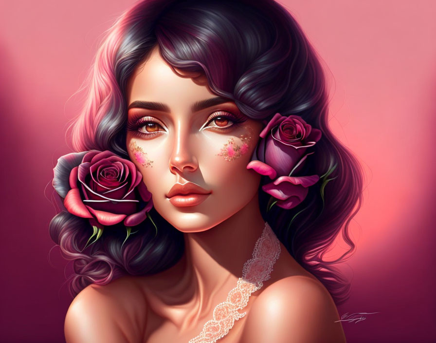 Female portrait with wavy hair, roses, pink hues, and floral makeup