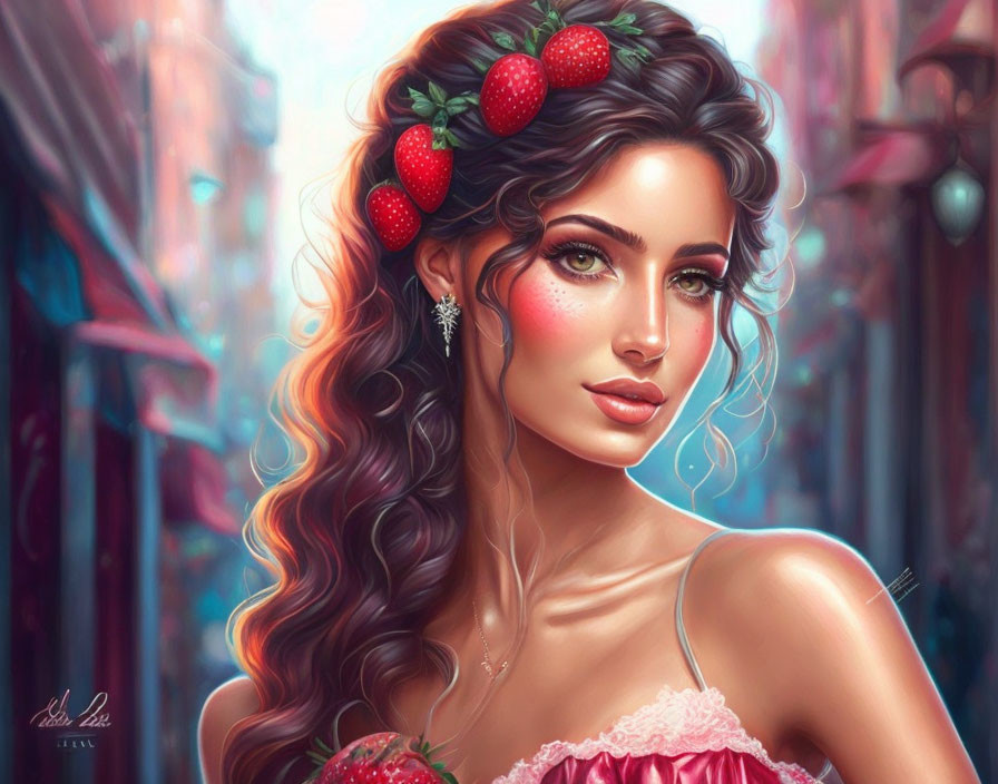 Digital Artwork: Woman with Strawberries in Hair, Rosy Cheeks, Off-Shoulder