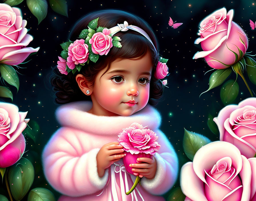 Young girl digital illustration with flower headband and pink rose on dark background