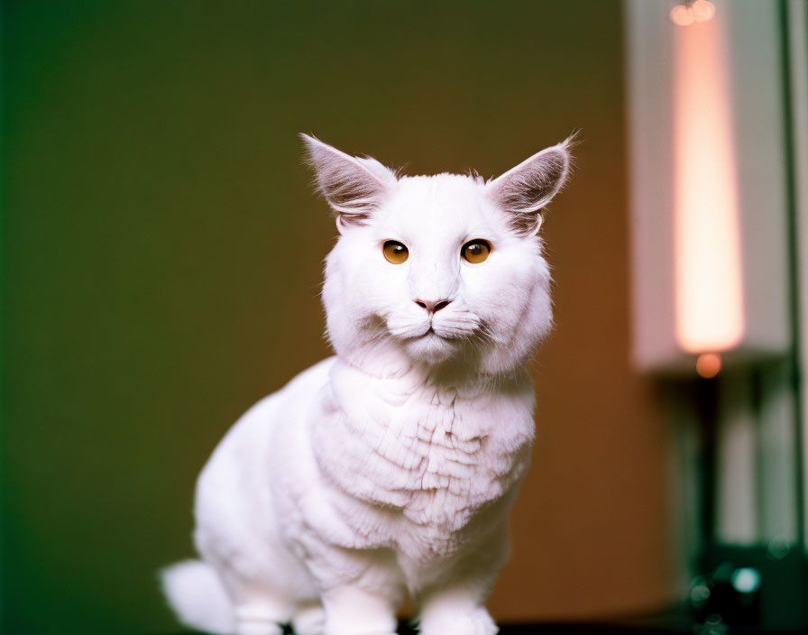 White Cat with Lion Cut Mane Sitting Against Green Background