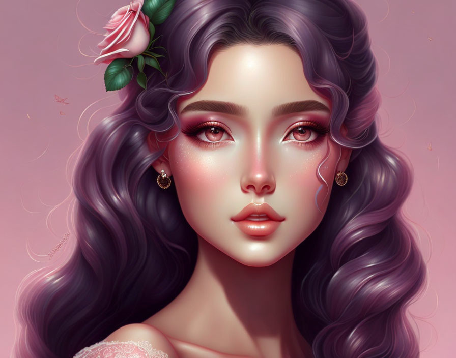 Woman with Purple Wavy Hair and Rose: Dreamy Illustration