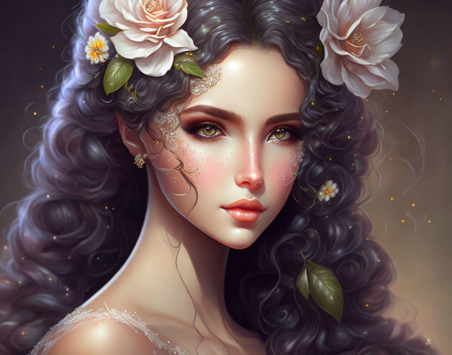 Digital artwork: Woman with curly hair, floral adornments, glittery complexion, green eyes, subtle