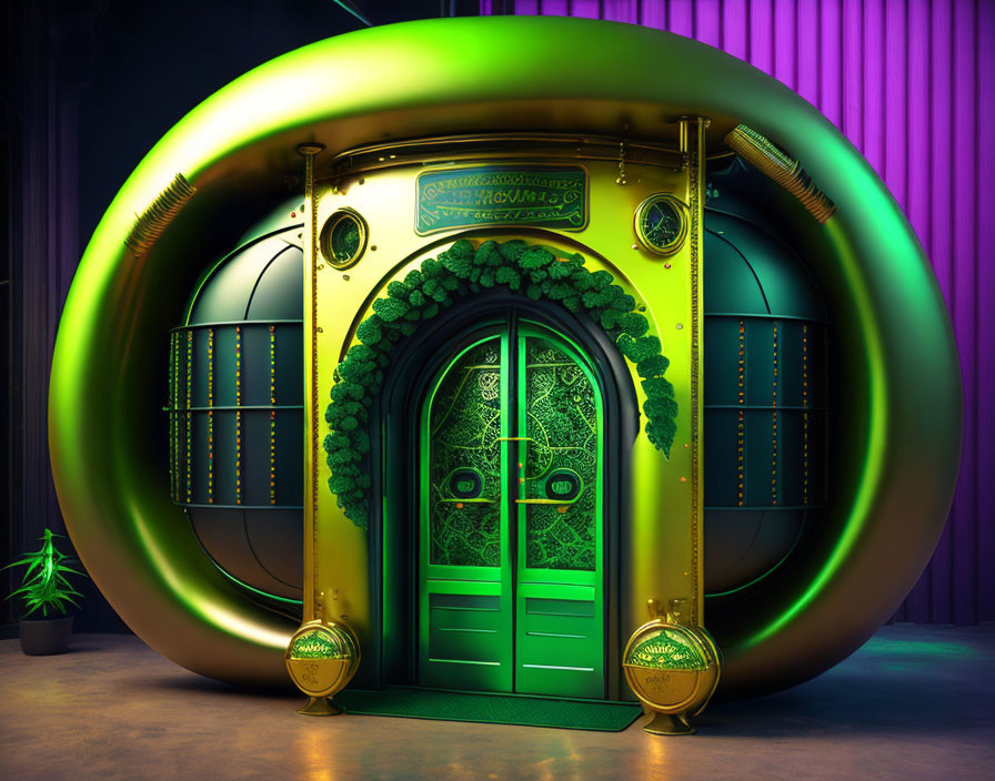 Circular green door with gold trim and intricate patterns.