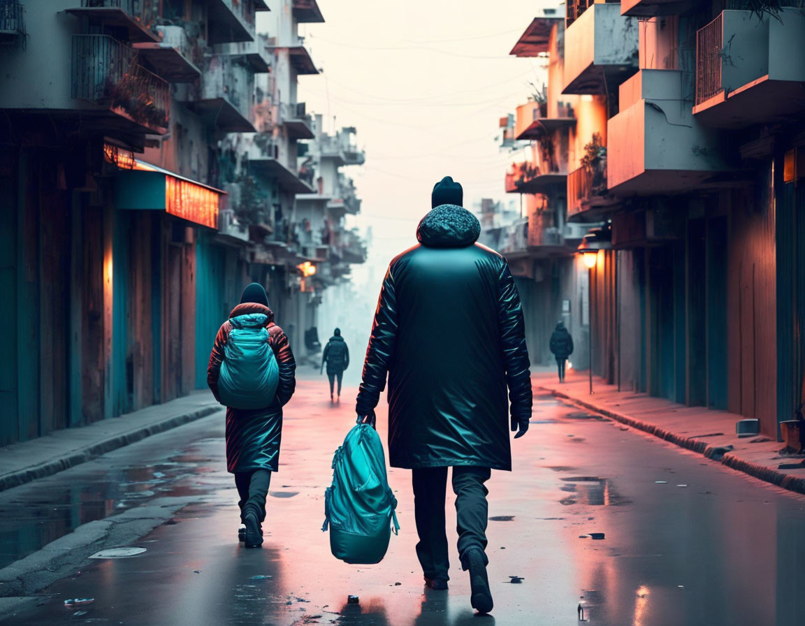 Two people in winter coats walking on wet street between buildings in overcast setting