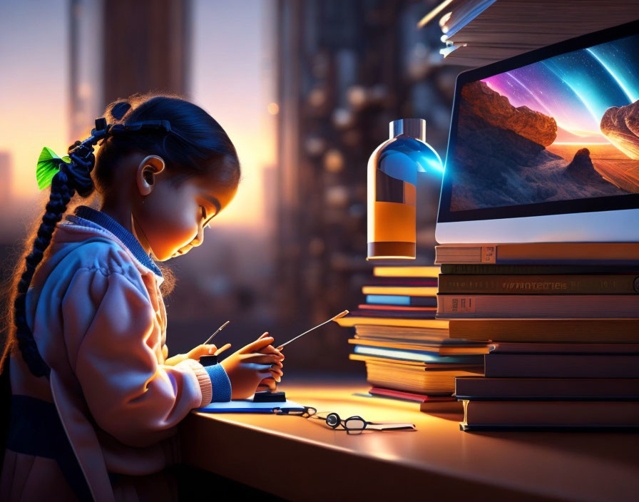 Young girl using tablet in cozy, book-filled room at dusk