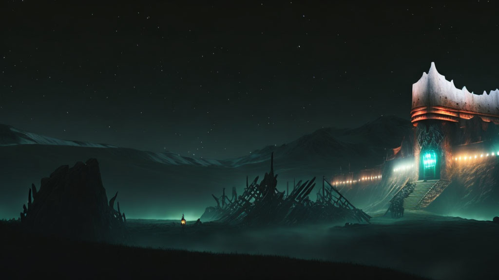 Mystical nocturnal landscape with ancient structure in snowy mountains