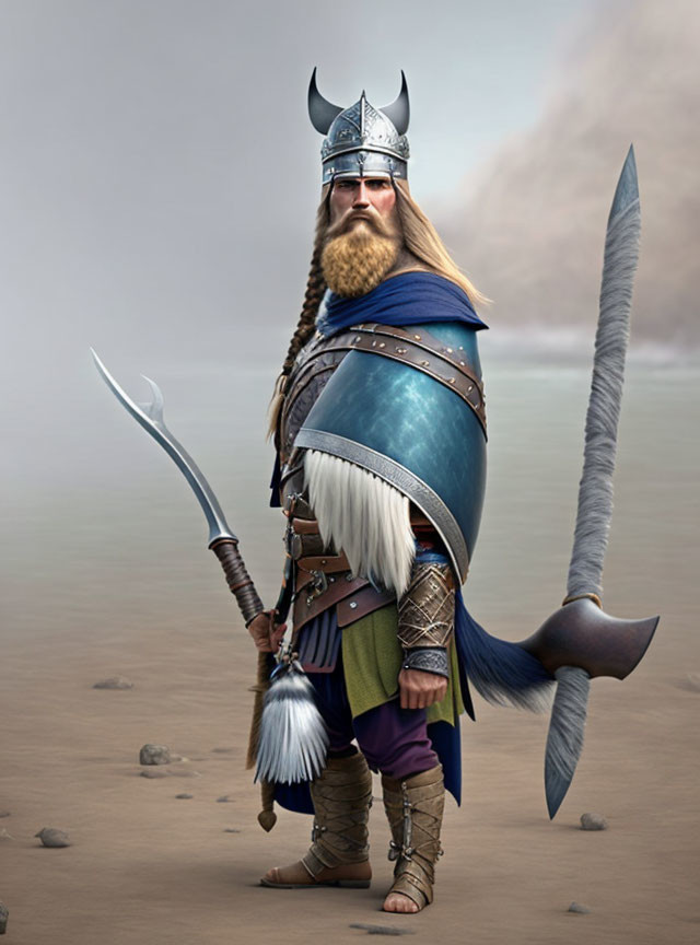 Viking warrior digital illustration in blue armor with spear and shield