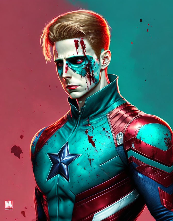 Male superhero with star emblem in bloodied look on pink and teal background