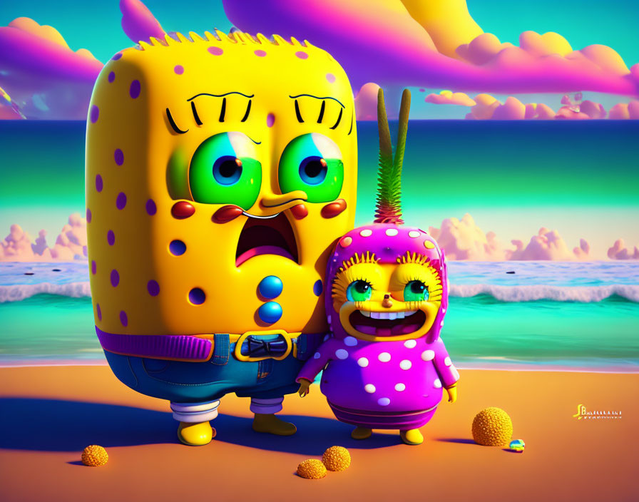 Exaggerated SpongeBob and baby character on surreal colorful beach