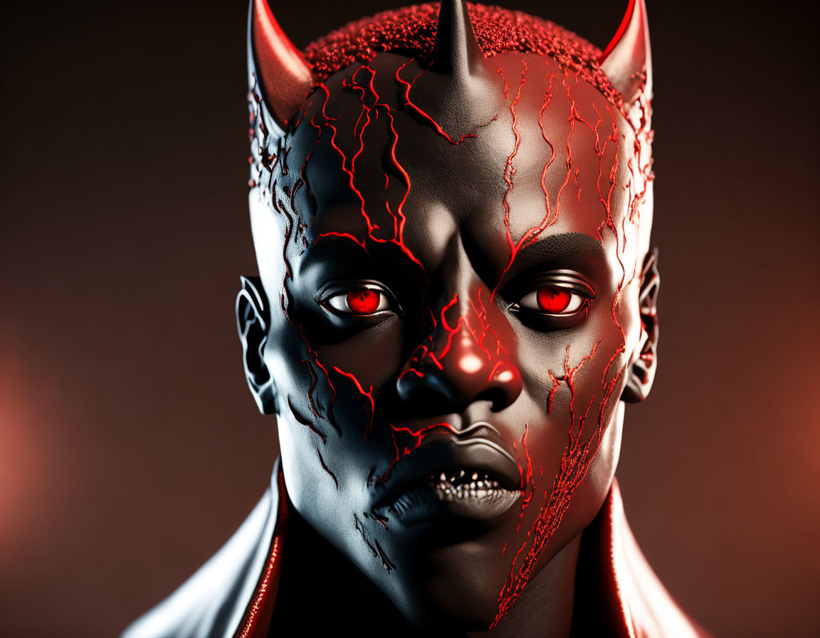 Digital Artwork: Person with Red Horns and Glowing Eyes