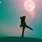 Soccer player kicking ball on sandy field under surreal sky