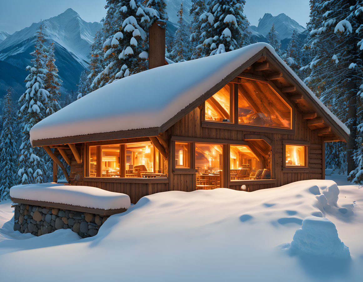 Snowy landscape: Cozy wooden cabin at twilight