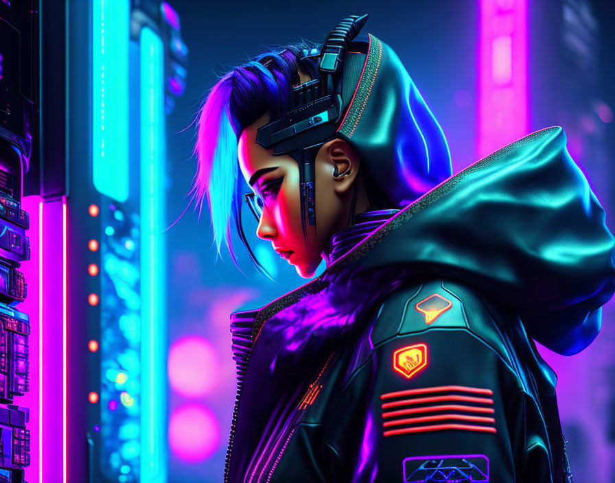 Cyberpunk character with neon blue hair and futuristic attire in futuristic setting